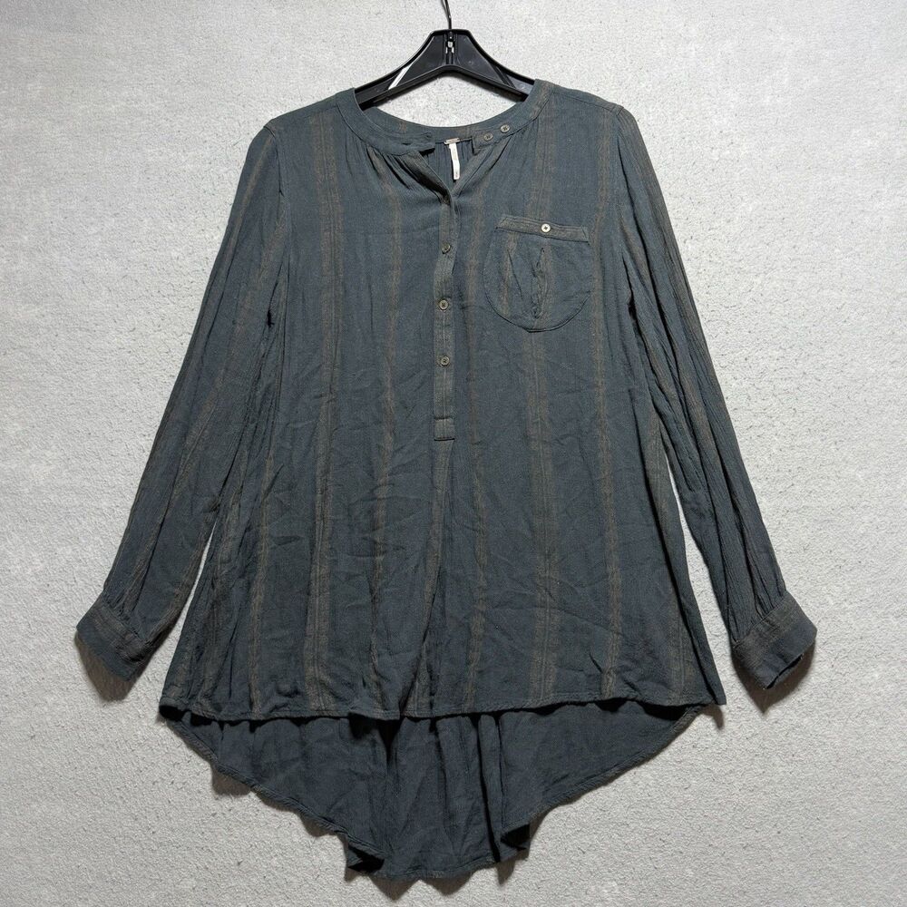 Free People Shirt Women’s Small Gray Striped Long Sleeve Casual Oversized Tunic